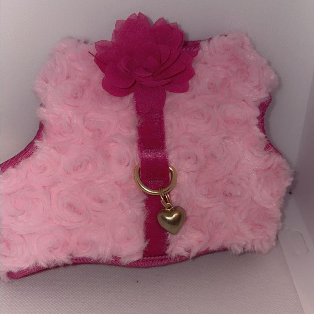 Pink Faux Fur Pet Harness with Flower & Heart Charm